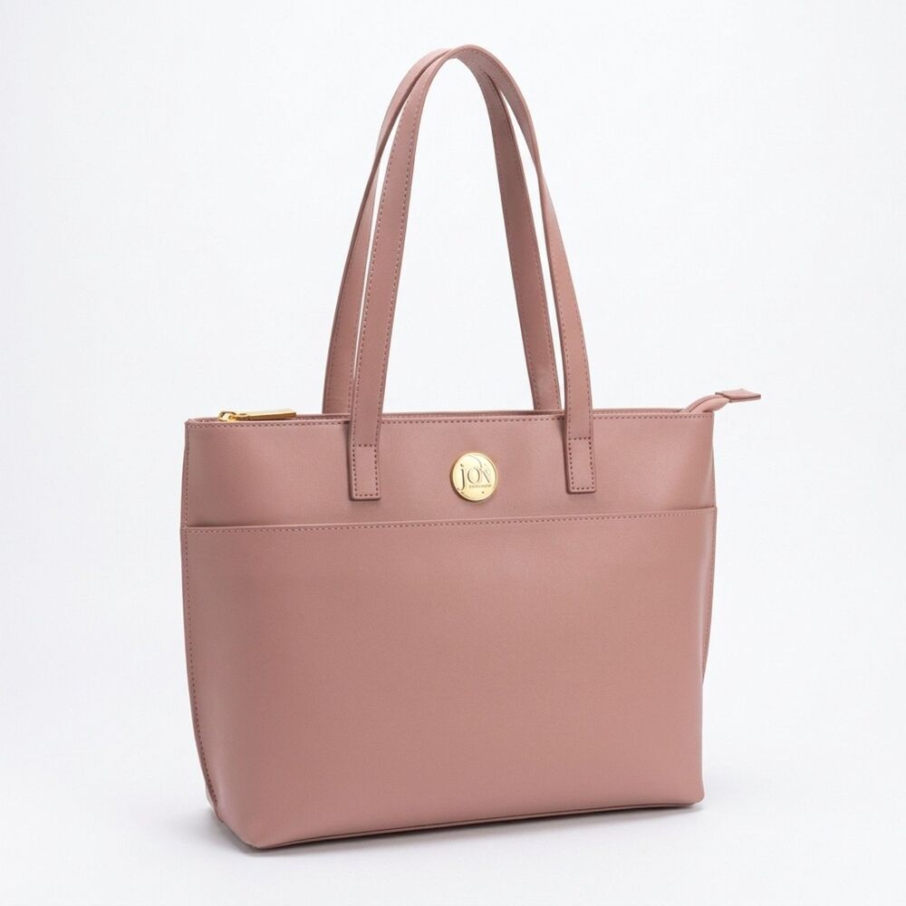 Joy Mangano Structured Double Zip Organizer Tote Shoulder Bag Dusty Pink OS